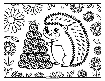 Coloriage de hérisson pour adultes : Un hérisson enjoué empile des baies au soleil dans un champ de fleurs