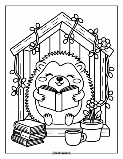 Coloriage de hérisson pour adultes : Un hérisson épanoui lit dans un coin bibliothèque tranquille avec des lianes et une boisson chaude