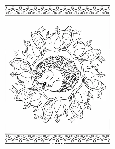 Coloriage de hérisson pour adultes : Un hérisson enroulé se repose dans un mandala de feuilles d'automne tombantes