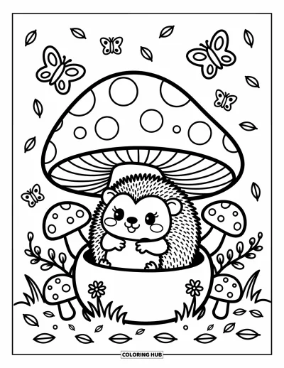 Coloriage de hérisson pour adultes : Un adorable hérisson se repose dans un chapeau de champignon avec des papillons qui volettent au-dessus