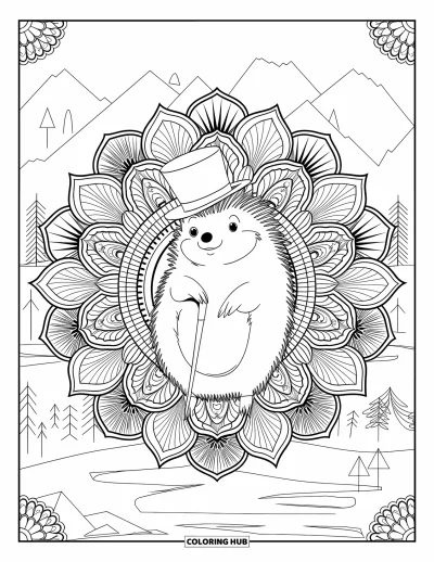 Coloriage de hérisson pour adultes : Un hérisson élégant en haut-de-forme entouré de fleurs dans un style mandala