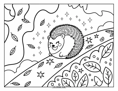 Coloriage de hérisson pour adultes : Un hérisson heureux dévale une colline feuillue entouré d'étoiles et de tourbillons de vent