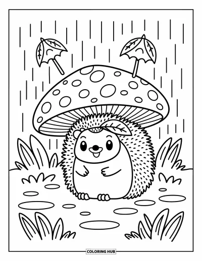 Coloriage de hérisson pour adultes : Un hérisson heureux s'abrite sous un grand champignon pendant une pluie légère
