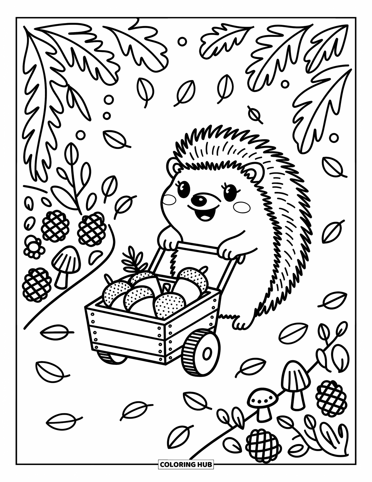 Hedgehog Coloring Page for Adults: A happy hedgehog wheels a tiny cart through leaves and mushrooms