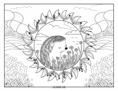 Coloriage de hérisson pour adultes : Un hérisson se love parmi des fleurs dans un cadre façon mandala avec des collines en arrière-plan