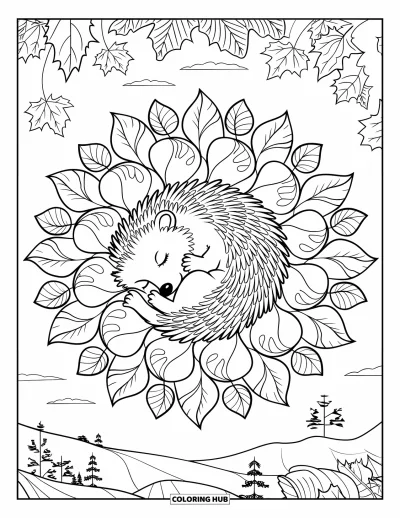 Coloriage de hérisson pour adultes : Un hérisson se love sur des feuilles au centre d'un mandala tourbillonnant aux couleurs automnales