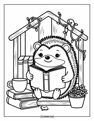 Coloriage de hérisson pour adultes : Un hérisson se love avec un livre dans un coin lecture en bois recouvert de lianes