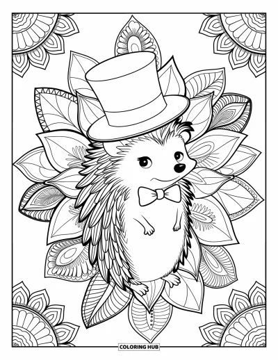 Coloriage de hérisson pour adultes : Un hérisson en nœud papillon et haut-de-forme entouré d'un mandala floral très détaillé