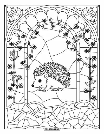 Coloriage de hérisson pour adultes : Un hérisson encadré par des arches de lianes et des fleurs dans un style vitrail