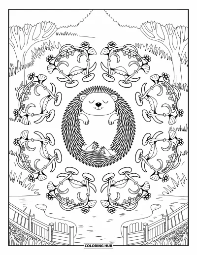 Coloriage de hérisson pour adultes : Un hérisson allongé sur le dos en forêt, encadré par des lianes et des volutes de baies