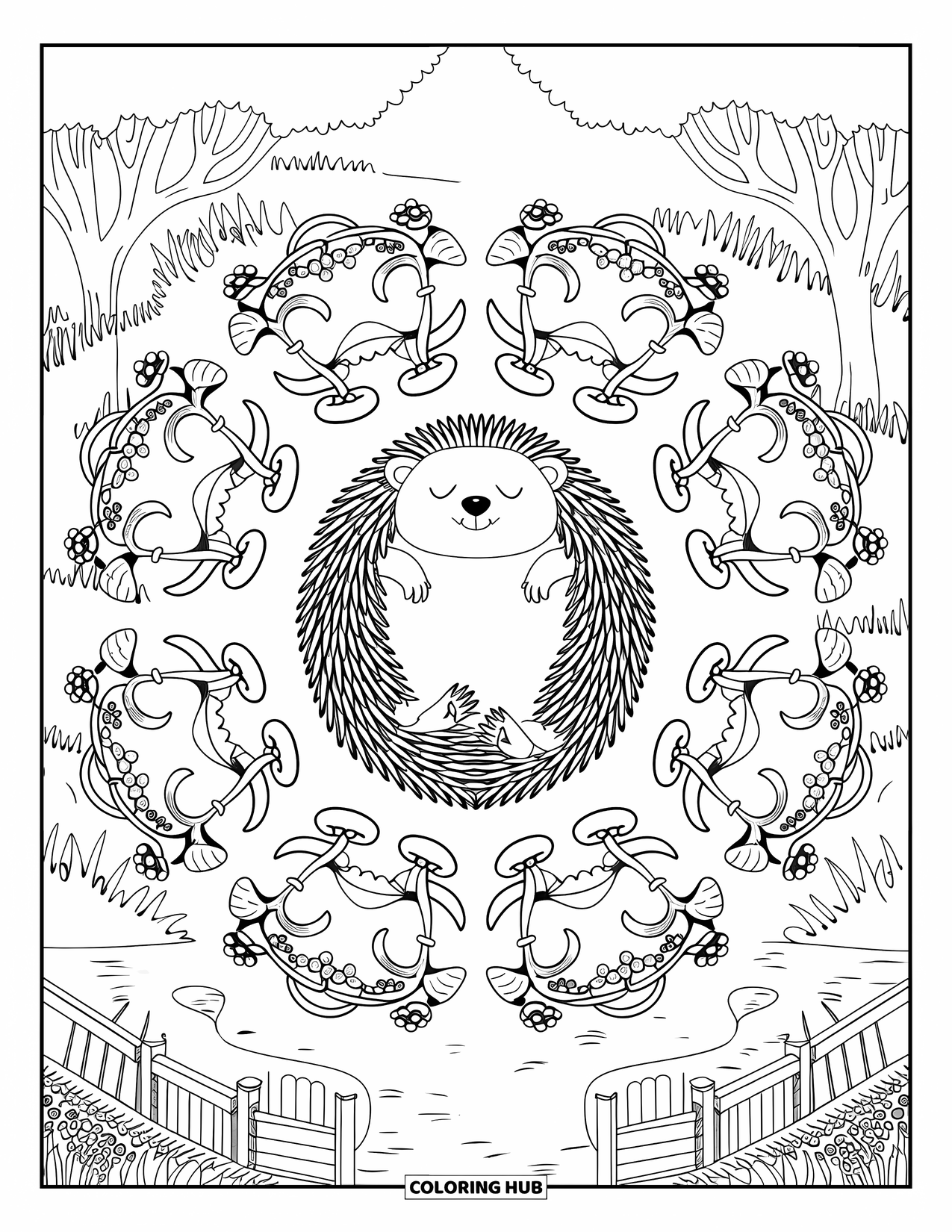 Hedgehog Coloring Page for Adults: A hedgehog lies on its back in a forest framed by vines and berry swirls