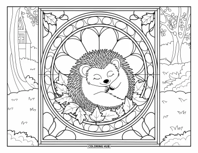 Coloriage de hérisson pour adultes : Un hérisson fait la sieste dans des feuilles d'automne, encadré par un vitrail avec des arbres en arrière-plan
