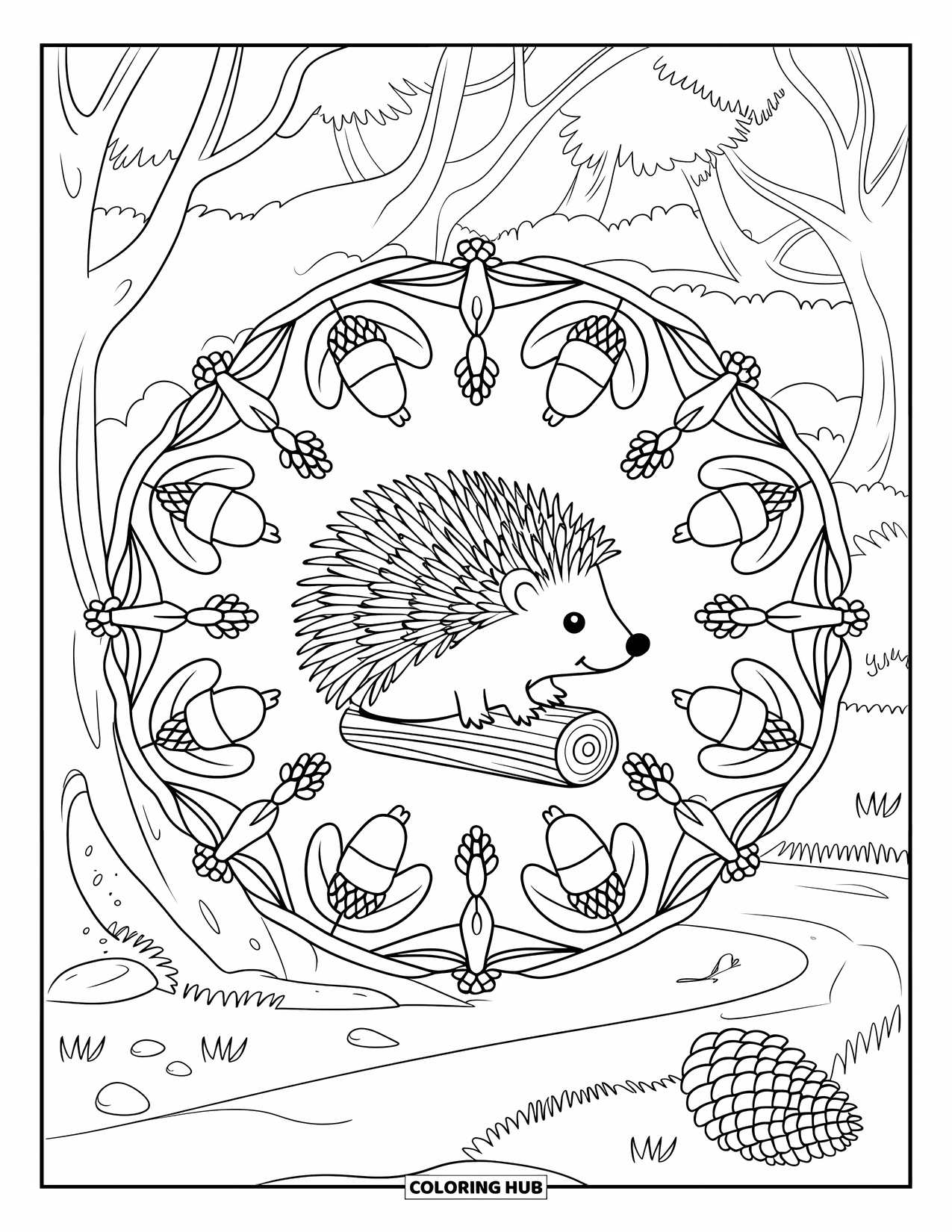 Hedgehog Coloring Page for Adults: A hedgehog on a log is surrounded by acorns and pinecones in a peaceful forest