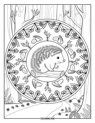 Coloriage de hérisson pour adultes : Un hérisson sur un tronc dans un motif circulaire d'éléments forestiers et de grands arbres
