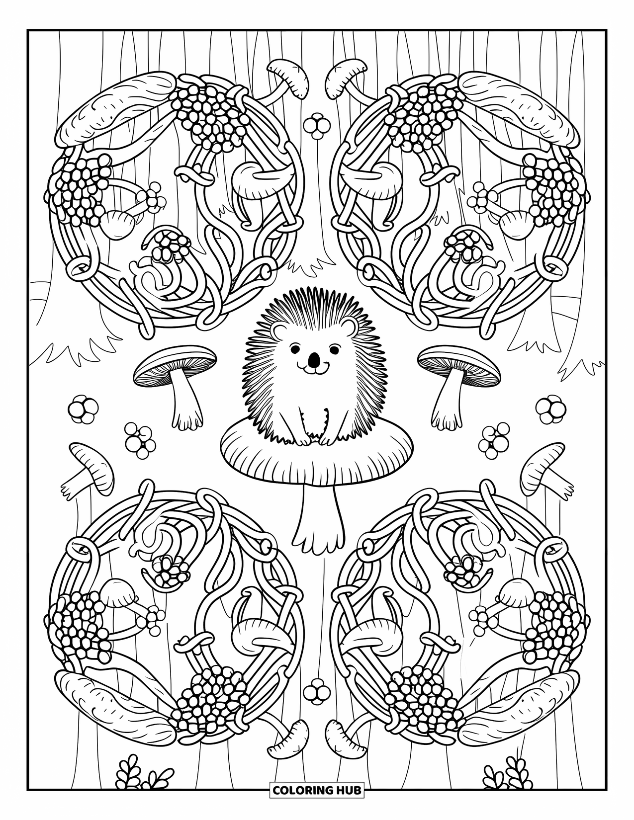Hedgehog Coloring Page for Adults: A hedgehog perches on a mushroom stem within a forest of swirling berry vines