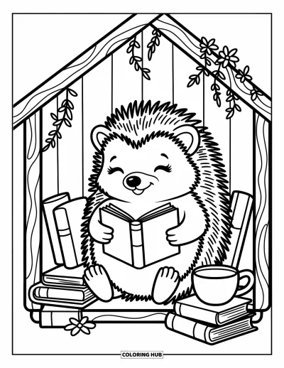 Coloriage de hérisson pour adultes : Un hérisson lit paisiblement dans un coin douillet avec des livres, des lianes et un pot de fleurs