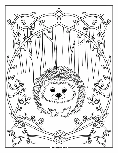 Coloriage de hérisson pour adultes : Un hérisson se repose dans des lianes de vitrail avec de grands arbres forestiers derrière lui