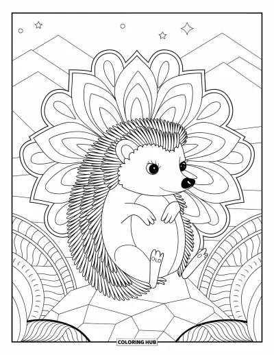 Coloriage de hérisson pour adultes : Un hérisson repose sur un rocher encadré de fleurs en mandala et d'un ciel étoilé