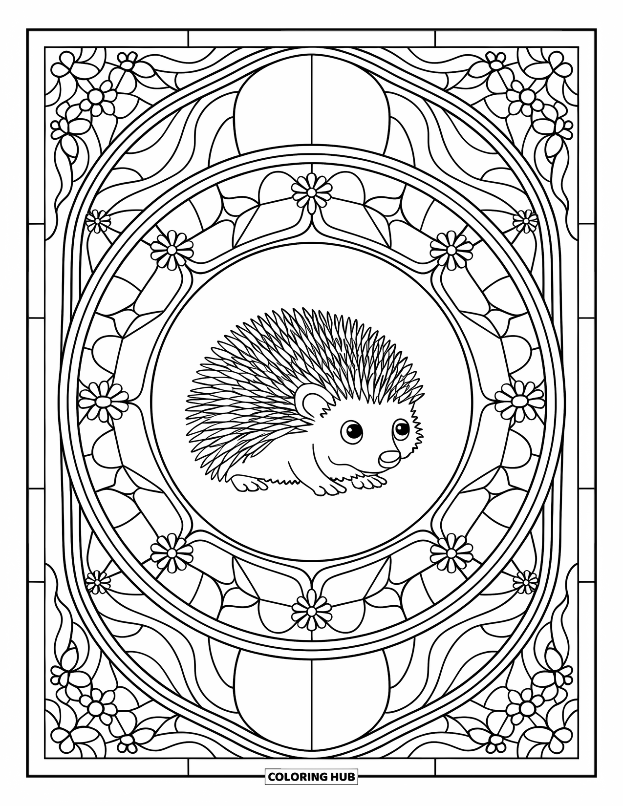Hedgehog Coloring Page for Adults: A hedgehog sits at the center of stained glass vines and tiny flowers