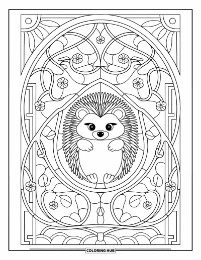 Coloriage de hérisson pour adultes : Un hérisson assis au centre d'un vitrail floral sur un fond blanc aux détails soignés
