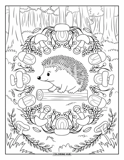 Coloriage de hérisson pour adultes : Un hérisson assis sur un tronc entouré de motifs de champignons, de lianes et de baies
