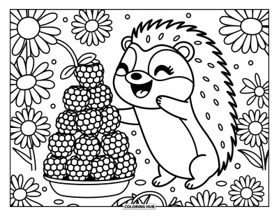 Coloriage de hérisson pour adultes : Un hérisson joyeux construit une tour de baies bancale dans une prairie parsemée de marguerites