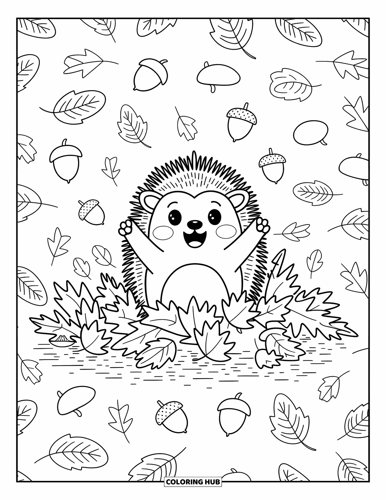 Hedgehog Coloring Page for Adults: A joyful hedgehog leaps from a leaf pile with twigs, mushrooms, and tiny details
