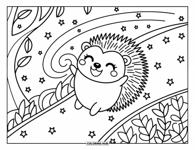 Coloriage de hérisson pour adultes : Un hérisson joyeux dévale une pente couverte de feuilles avec des étoiles scintillantes dans les airs