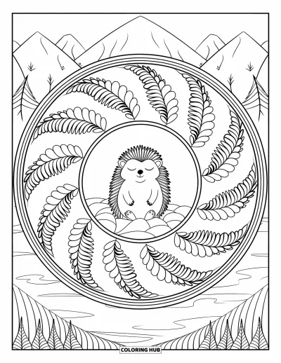 Coloriage de hérisson pour adultes : Un hérisson paisible repose sur un rocher au milieu de spirales de fougères