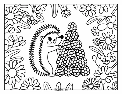Coloriage de hérisson pour adultes : Un hérisson espiègle construit une tour de baies dans une prairie de marguerites et de pissenlits