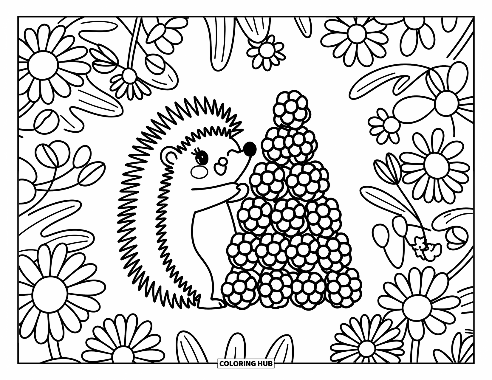 Hedgehog Coloring Page for Adults: A playful hedgehog builds a berry tower in a meadow of daisies and dandelions