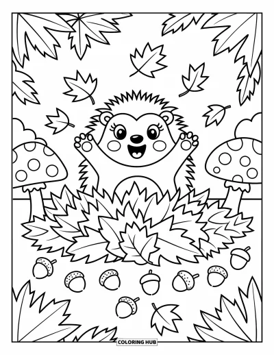 Coloriage de hérisson pour adultes : Un hérisson espiègle surgit des feuilles d'automne dans un cadre forestier accueillant