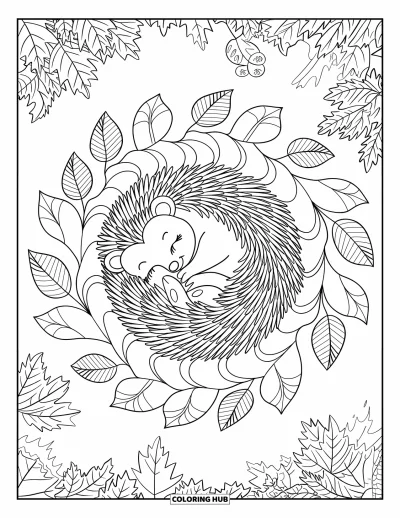 Coloriage de hérisson pour adultes : Un hérisson endormi se love dans un mandala tourbillonnant de feuilles d'automne