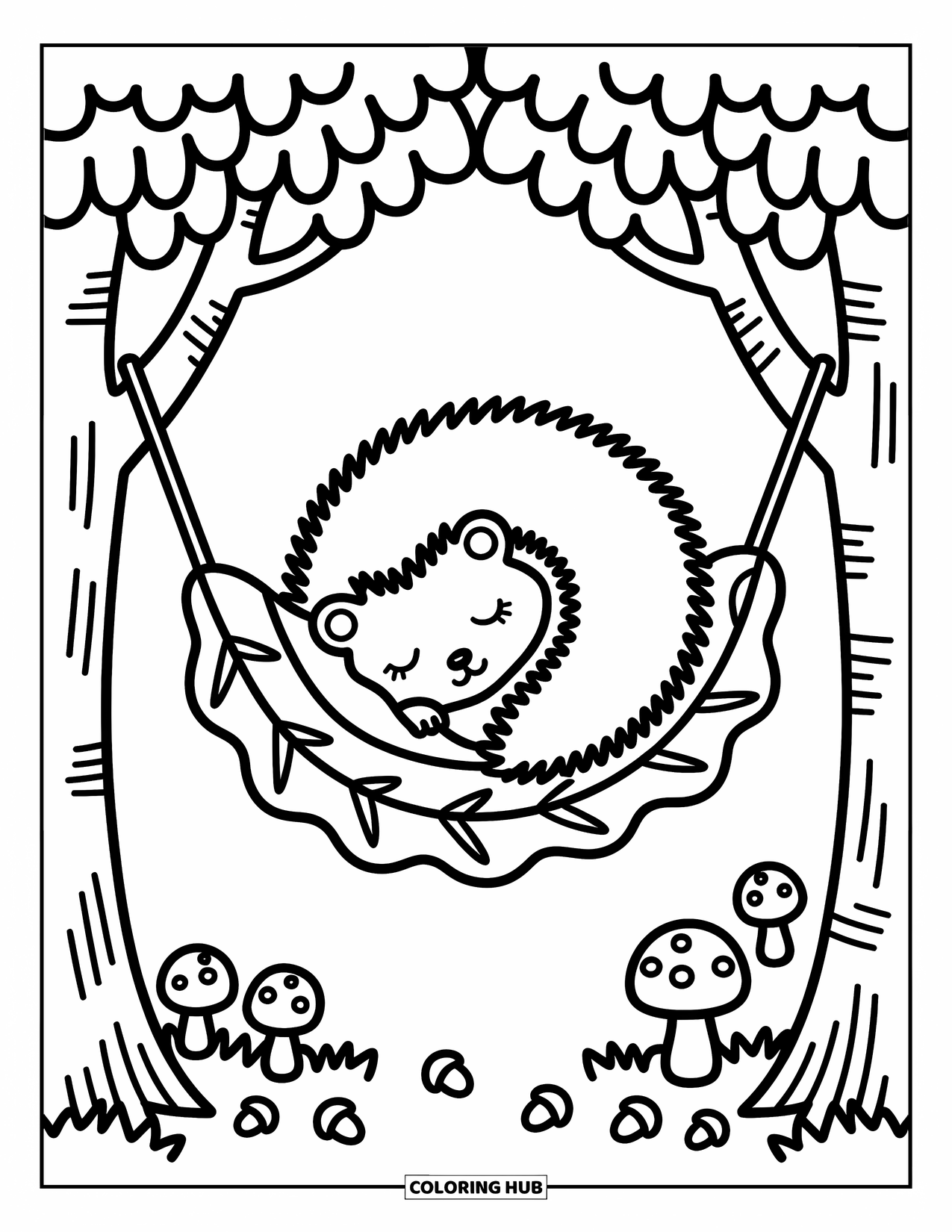 Hedgehog Coloring Page for Adults: A sleepy hedgehog naps in a blanket inside a hammock made of leaves