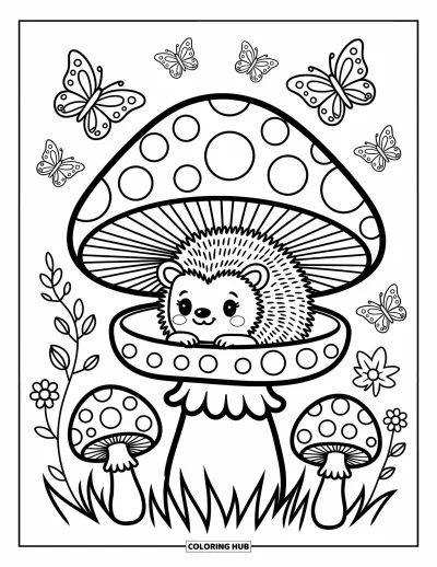 Coloriage de hérisson pour adultes : Un hérisson somnolent se niche dans un champignon de forêt sous des papillons et des feuilles tombantes