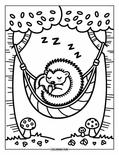 Coloriage de hérisson pour adultes : Un hérisson endormi se repose dans un hamac en forme de feuille avec des détails forestiers chaleureux