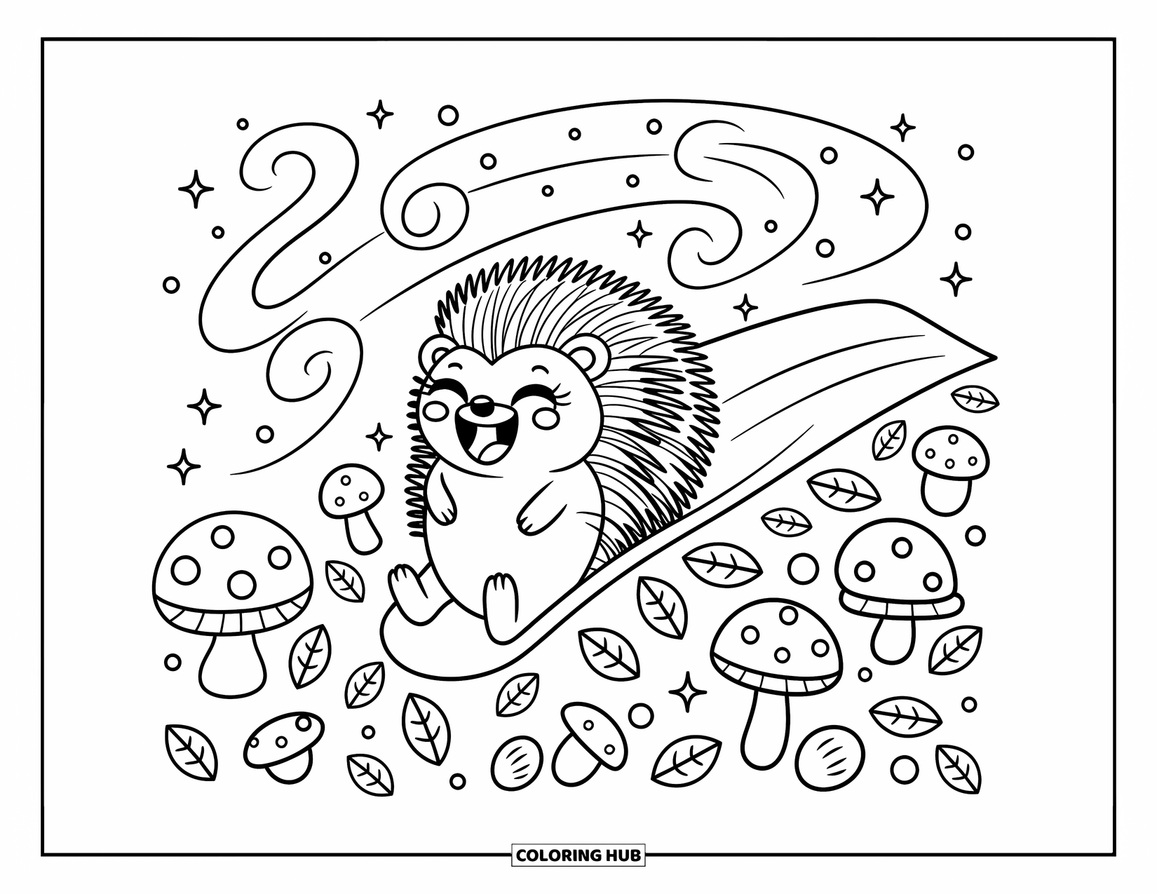 Hedgehog Coloring Page for Adults: A smiling hedgehog slides down a hill past mushrooms, acorns, and magical sparkles