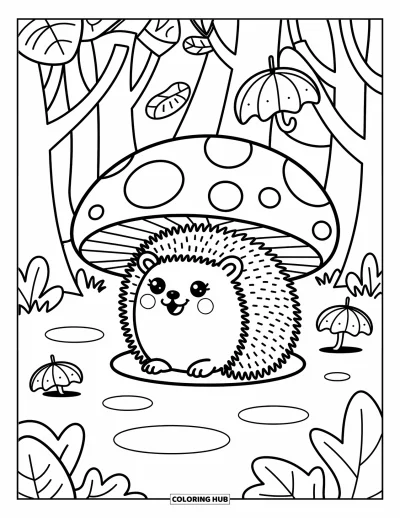 Coloriage de hérisson pour adultes : Un hérisson souriant reste au sec sous un champignon entouré de parapluies en feuilles