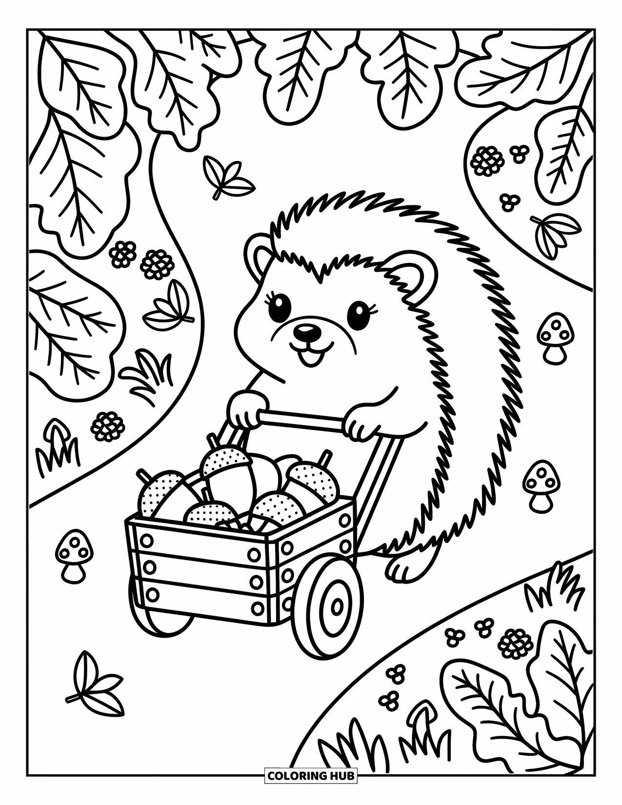 Hedgehog Coloring Page for Adults: A smiling hedgehog walks a forest path with a cart full of berries and pinecones