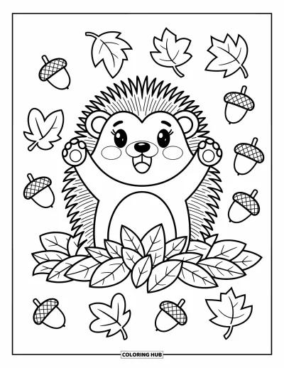 Coloriage de hérisson pour adultes : Un hérisson enthousiaste jaillit des feuilles d'automne avec des champignons tout autour