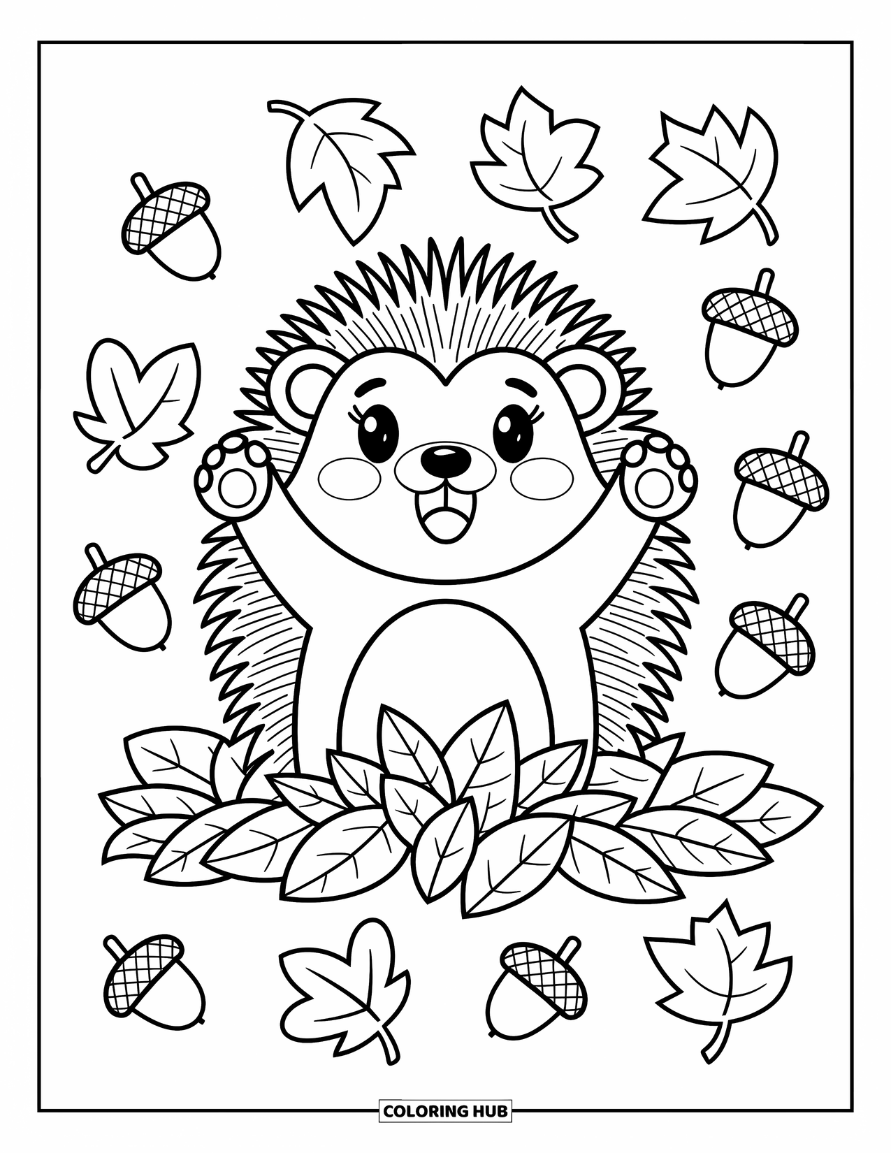 Hedgehog Coloring Page for Adults: An excited hedgehog pops out of autumn leaves with mushrooms all around