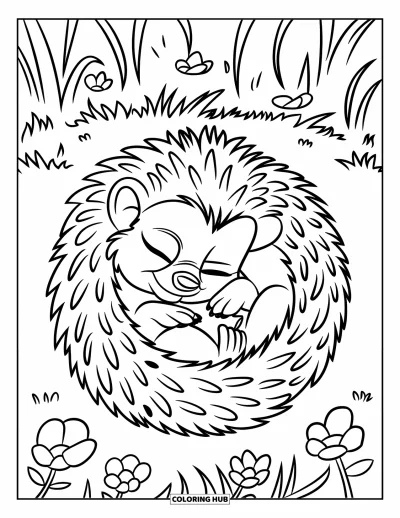 Coloriage de hérisson pour enfants : Un bébé hérisson se love sur l'herbe, entouré de fleurs