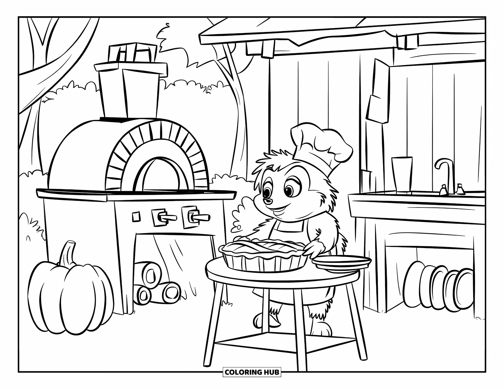 Hedgehog Coloring Page for Kids: A cheerful hedgehog bakes pie by a wood oven surrounded by trees and tools