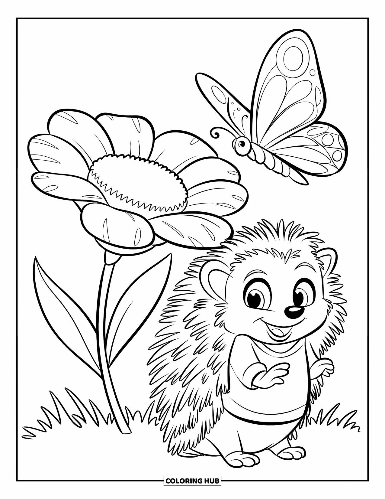 Hedgehog Coloring Page for Kids: A cheerful hedgehog in a shirt sits by a flower with a butterfly above