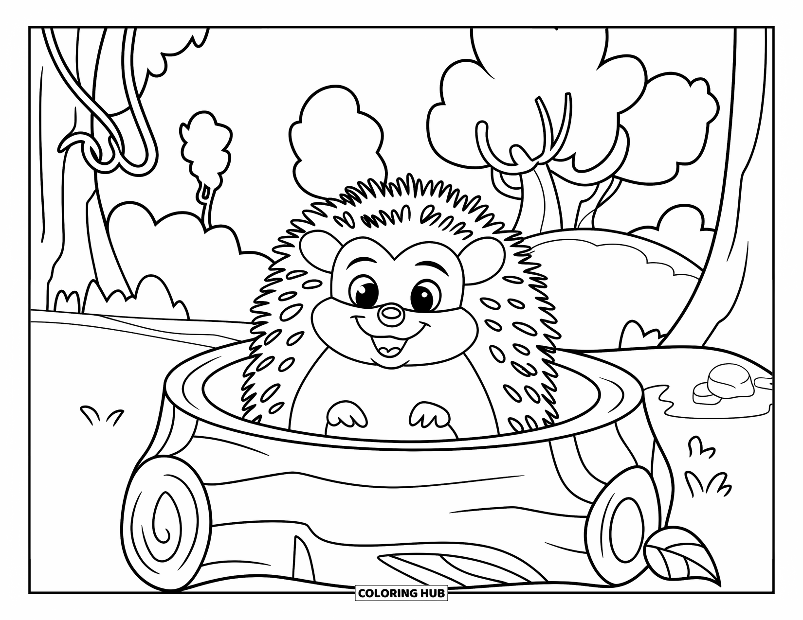 Hedgehog Coloring Page for Kids: A cheerful hedgehog peeks from a log surrounded by vines and leafy trees