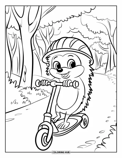 Coloriage de hérisson pour enfants : Un hérisson joyeux fait de la trottinette sur un paisible chemin forestier