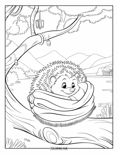 Coloriage de hérisson pour enfants : Un hérisson douillet se repose dans une couverture accrochée à une branche d'arbre