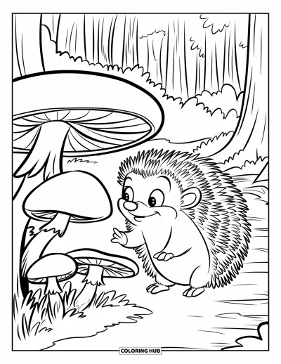 Coloriage de hérisson pour enfants : Un hérisson curieux coiffé d'un chapeau explore un sentier de champignons en forêt