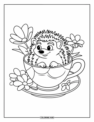 Coloriage de hérisson pour enfants : Un adorable hérisson est assis dans une tasse à thé entourée de fleurs délicates