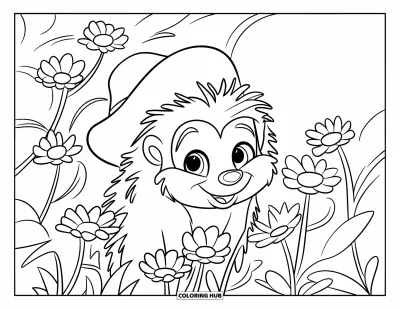 Coloriage de hérisson pour enfants : Un hérisson espiègle avec un chapeau vert observe depuis un buisson rempli de fleurs